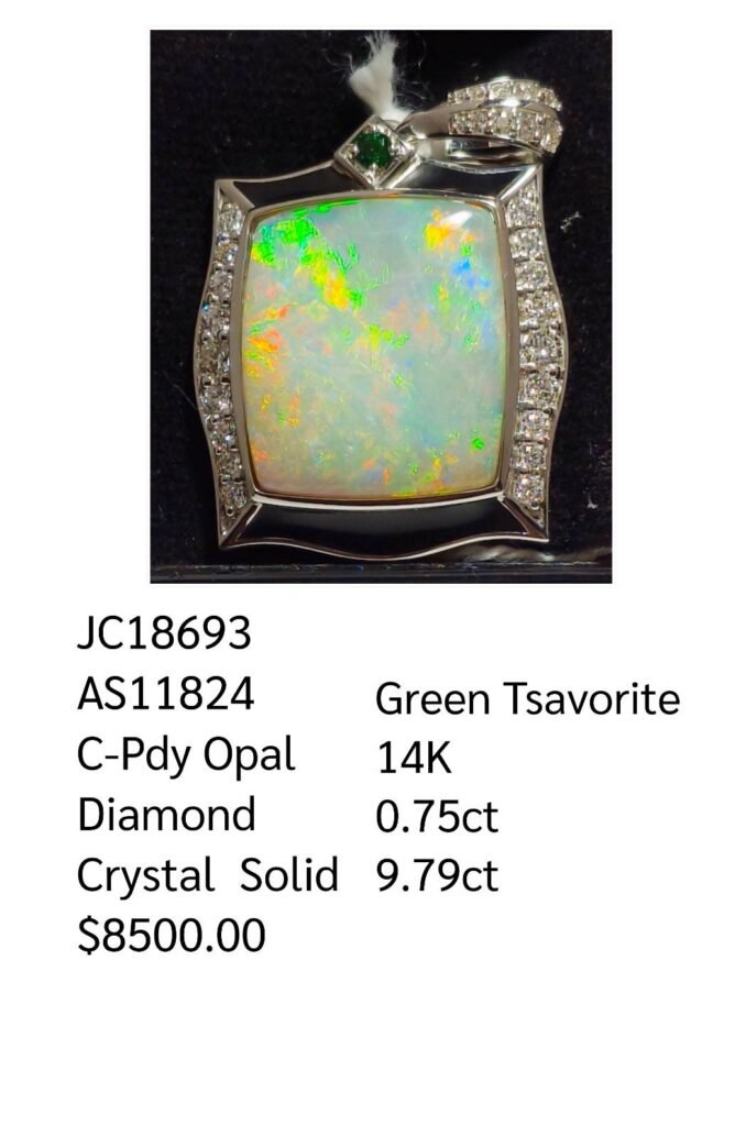 14K Gold Crystal Opal & Diamond Pendant with Green Tsavorite
