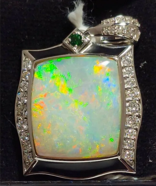 14K Gold Crystal Opal & Diamond Pendant with Green Tsavorite